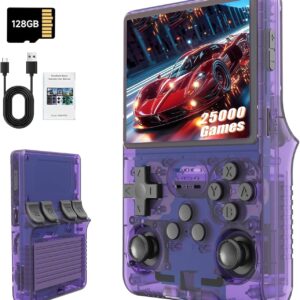 R36S Retro Handheld Game Console, Purple, 3.5 Inch HD Screen, 10,000+ Classic Games, 128G TF Card, Open Source Linux, for Teens and Adults