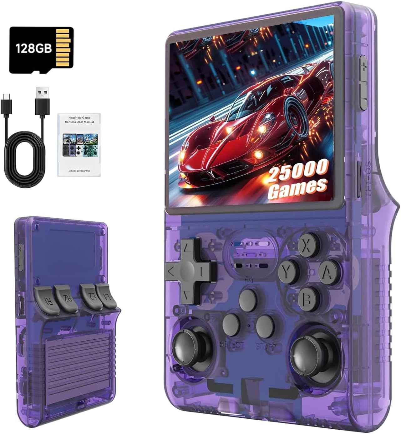 R36S Retro Handheld Game Console, Purple, 3.5 Inch HD Screen, 10,000+ Classic Games, 128G TF Card, Open Source Linux, for Teens and Adults